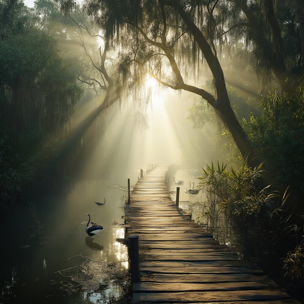 Winding wooden boardwalk through dense Floridian mangroves at dawn with herons in shallow waters, morning mist and sunlight filtering through trees