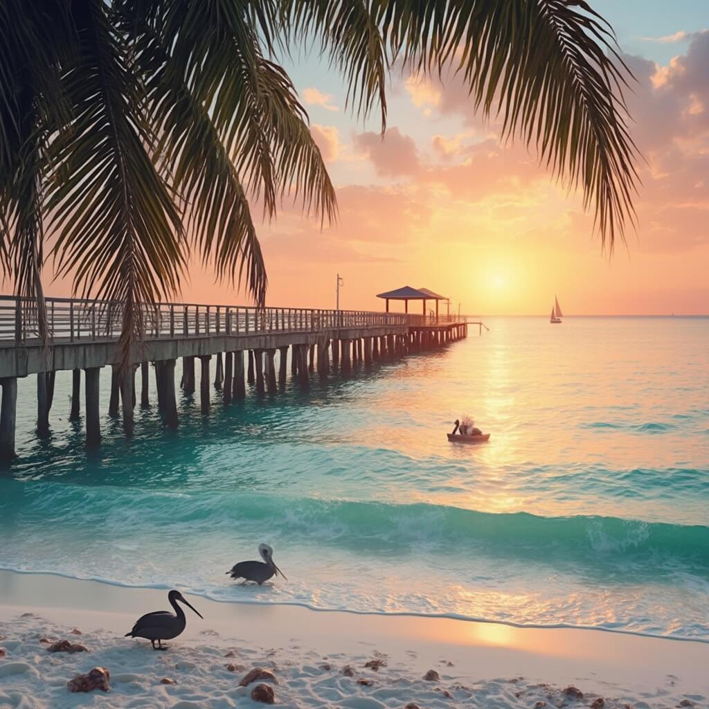 Winter sunset in Saint Petersburg, Florida with a wooden pier, palm trees, white sand beach, pelicans and sailboats against a pink-orange sky