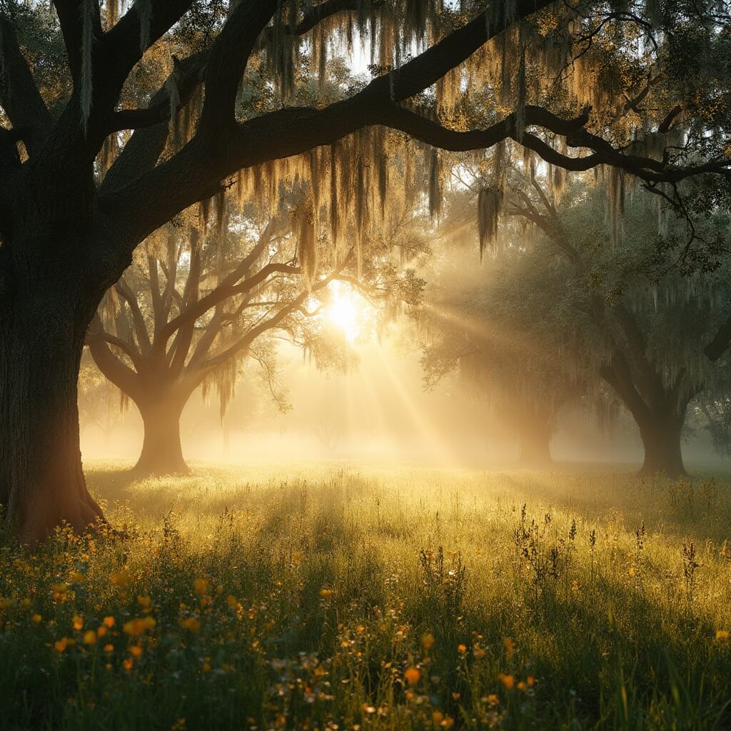 Golden sunrise over a serene Florida spring landscape with tall oak trees, Spanish moss, cherry blossoms, orange tree flowers, floating pollen, morning mist and dewy grass in Orlando's March ecosystem