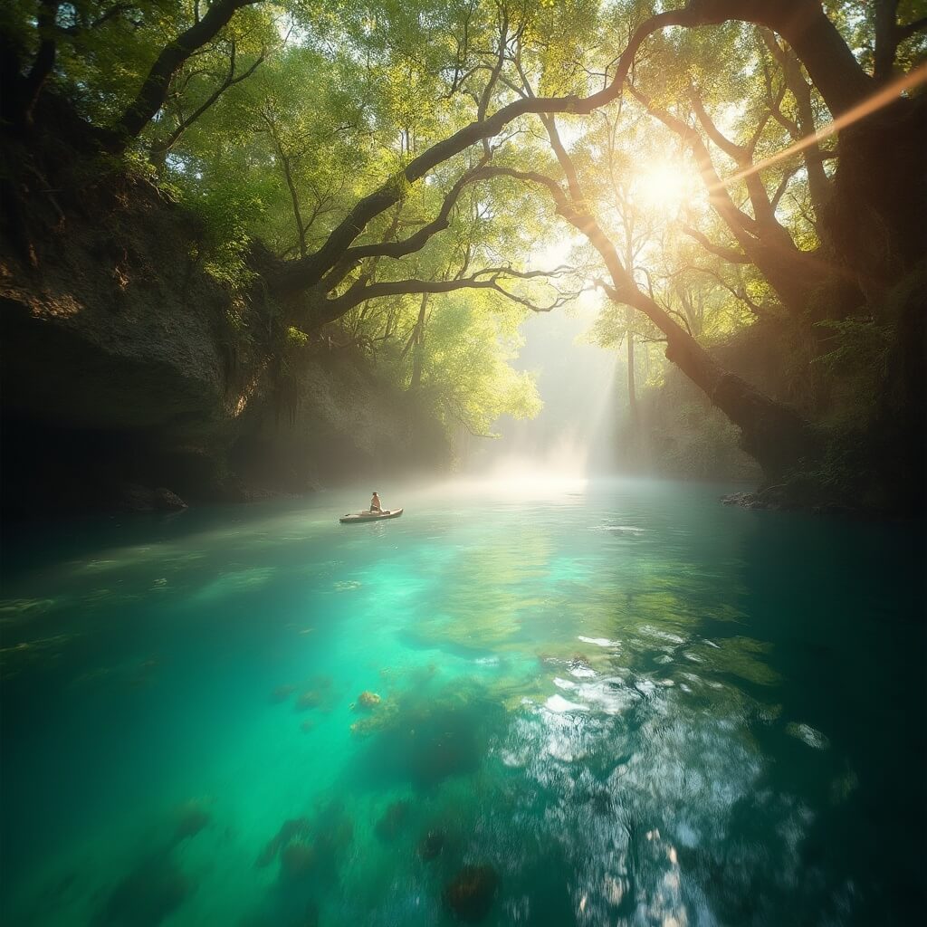 A lone kayaker gently glides through a serene and crystal-clear natural spring in Florida during golden hour, with sunlight filtering through ancient cypress trees creating dappled light on the turquoise water and a gentle mist hovering over the surface. Underwater vegetation and small fish are visible beneath the transparent water, along with ancient limestone formations along the spring's edge.
