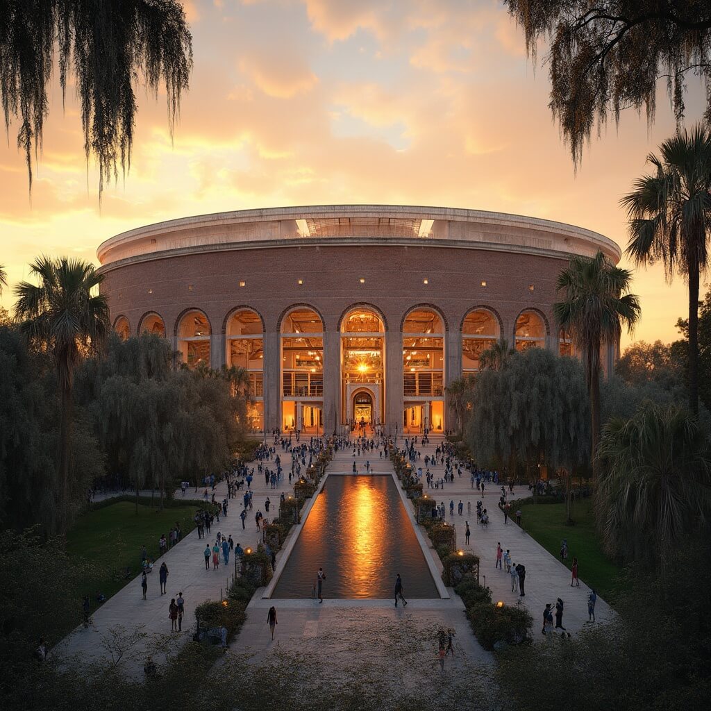 Majestic exterior view of a collegiate football stadium at sunset, surrounded by palm trees and Florida vegetation, with a reflection pool in the foreground and groups of people in blue and orange colors walking around