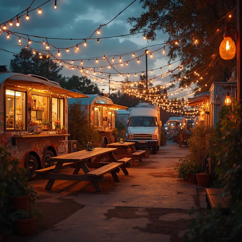 Atmospheric sunset scene at a food truck park with string lights overhead, wooden picnic tables and potted plants, creating a warm urban oasis