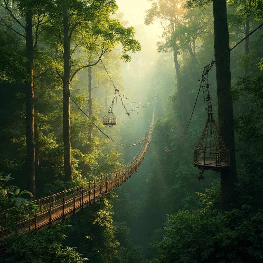 Wide-angle view of a lush green forest with wooden zipline platforms and suspension bridges amidst tall trees, with golden sunlight filtering through branches in a highly detailed natural environment