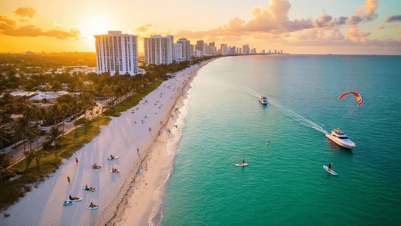 "Beachgoers enjoying water sports on Fort Lauderdale's white sandy beach during golden hour, with luxury yachts in the Intracoastal Waterway, palm trees, Las Olas Boulevard, and the modern skyline in the background."
