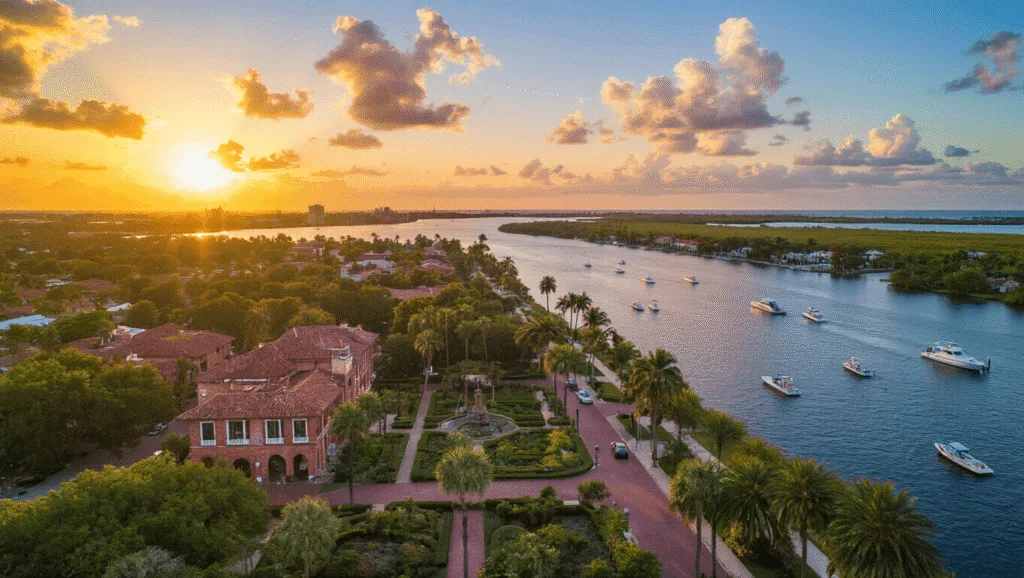 "Aerial view of Fort Myers waterfront at sunset featuring Edison and Ford Winter Estates, historic River District, Caloosahatchee River with boats, JetBlue Park, Six Mile Cypress Slough Preserve, and Sanibel Island on the horizon."