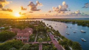 "Aerial view of Fort Myers waterfront at sunset featuring Edison and Ford Winter Estates, historic River District, Caloosahatchee River with boats, JetBlue Park, Six Mile Cypress Slough Preserve, and Sanibel Island on the horizon."