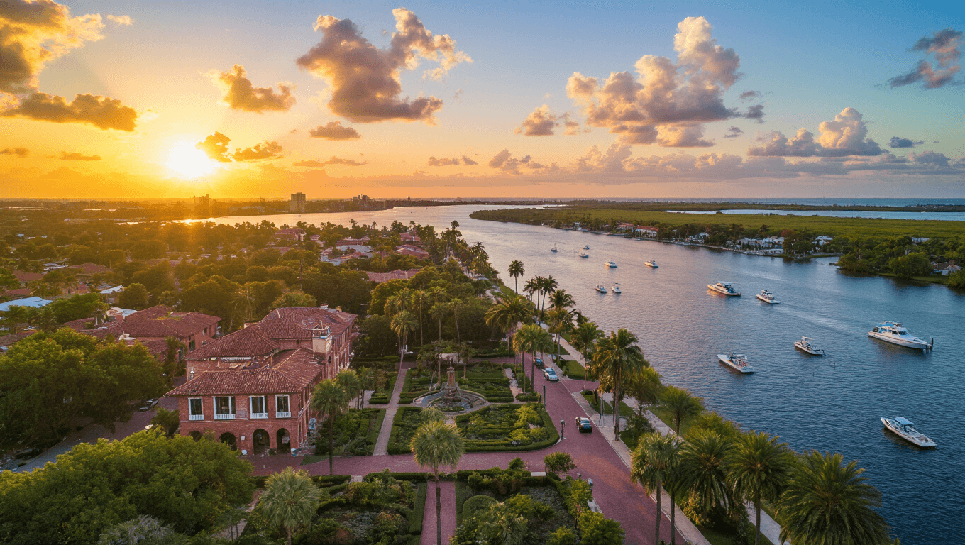 "Aerial view of Fort Myers waterfront at sunset featuring Edison and Ford Winter Estates, historic River District, Caloosahatchee River with boats, JetBlue Park, Six Mile Cypress Slough Preserve, and Sanibel Island on the horizon."