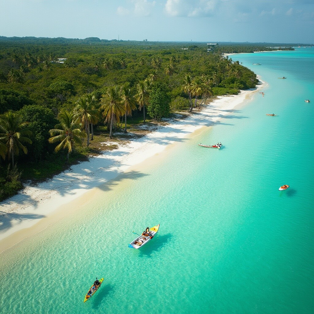 Kayaks and paddleboards on white sandy beach with clear turquoise waters of Fred Howard Park, dense tropical vegetation and soft afternoon sunlight through palm trees