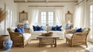 Sunlit coastal living room featuring a cream linen slipcovered sofa, distressed rattan armchairs, and a natural jute rug, adorned with navy striped throw pillows and vintage brass lanterns, illuminated by morning light streaming through tall windows with sheer white curtains. Decor includes blue and white ginger jars, a weathered driftwood coffee table, woven baskets, and vintage maritime artwork against whitewashed wood beams.