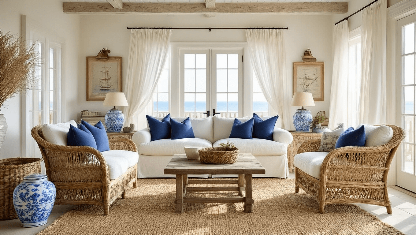Sunlit coastal living room featuring a cream linen slipcovered sofa, distressed rattan armchairs, and a natural jute rug, adorned with navy striped throw pillows and vintage brass lanterns, illuminated by morning light streaming through tall windows with sheer white curtains. Decor includes blue and white ginger jars, a weathered driftwood coffee table, woven baskets, and vintage maritime artwork against whitewashed wood beams.