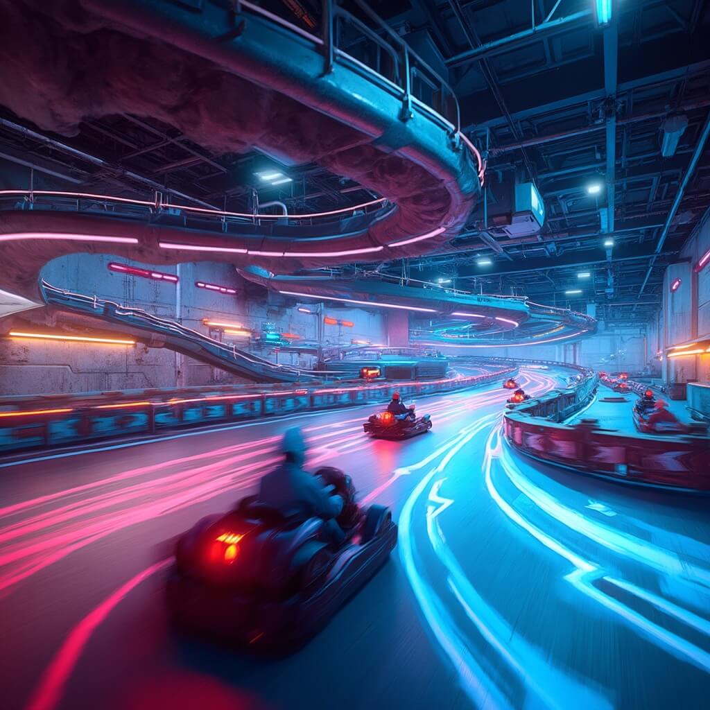 Indoor go-kart racing facility featuring high-speed electric karts, futuristic LED lighting, multi-level tracks, neon accents, and industrial ceiling elements with a dynamic motion blur effect.