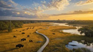 "Aerial view of Gainesville's natural landscape at sunset, featuring Paynes Prairie Preserve with bison, horses, alligator, wetlands and cypress trees, observation tower, University of Florida in the distance, and dramatic sunset sky."