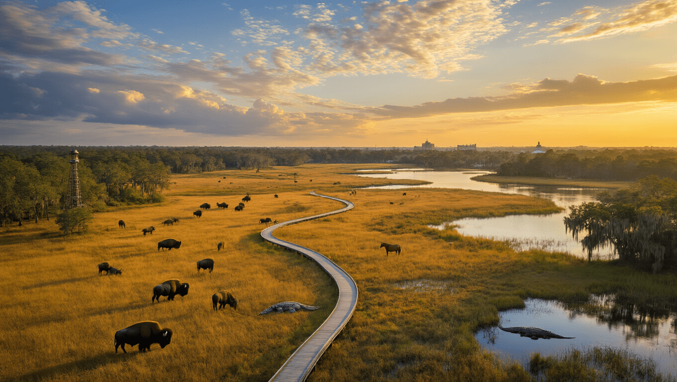 "Aerial view of Gainesville's natural landscape at sunset, featuring Paynes Prairie Preserve with bison, horses, alligator, wetlands and cypress trees, observation tower, University of Florida in the distance, and dramatic sunset sky."