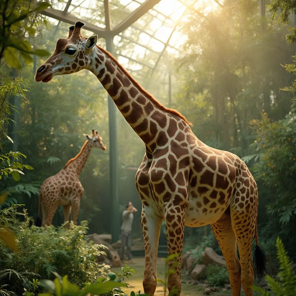 Giraffe stretching its neck in green zoo enclosure under golden afternoon sun, detailed fur and markings visible