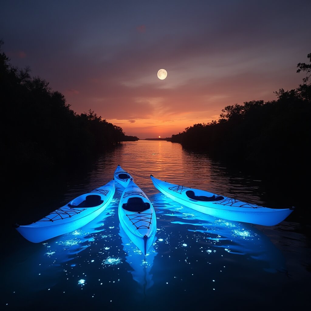 Transparent-bottom kayaks glowing blue on Sarasota Bay at sunset, with silhouetted mangroves, bioluminescent sparkles in the water, and a full moon rising above.