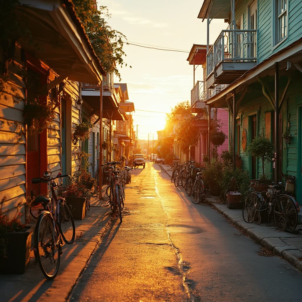 Vibrant Key West street at golden hour featuring colorful wooden houses, tropical vegetation, parked vintage bicycles, long shadows, and sunset reflecting on buildings