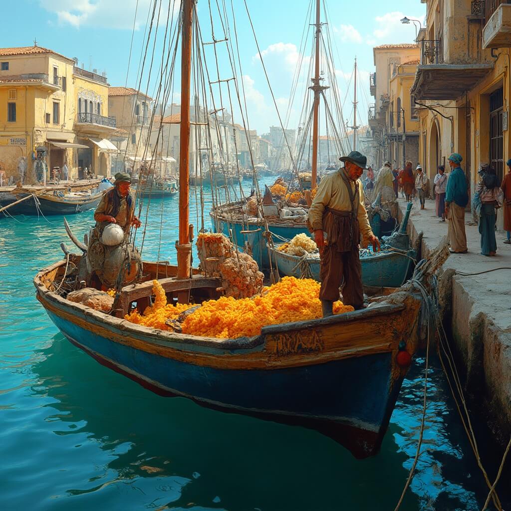 Traditional wooden boats docked at historic Greek waterfront with fishermen in nautical attire, sunny Anclote River scene with sponges and maritime equipment