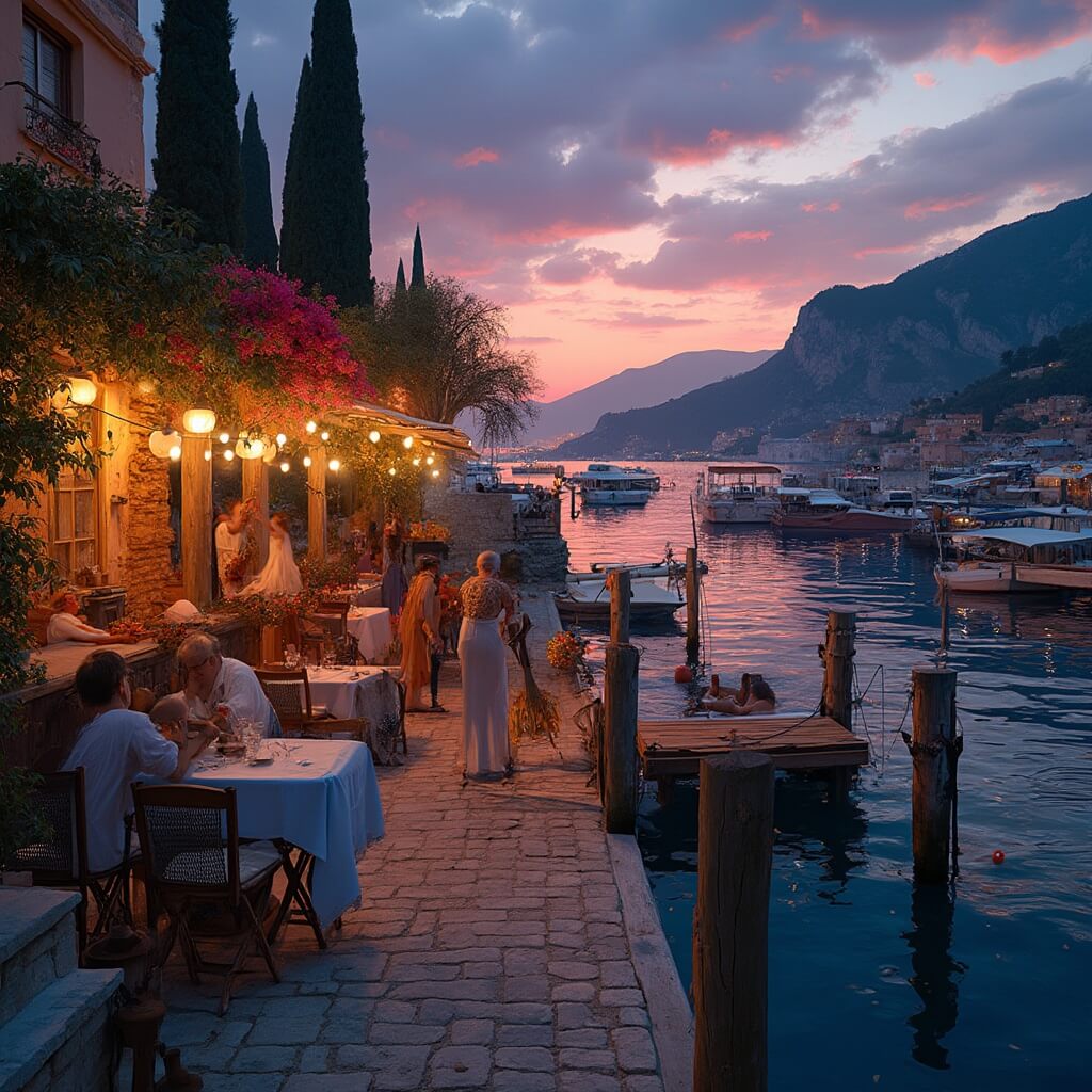 Vibrant Greek music venue at waterfront, with lit up outdoor patio, traditional table setup, musicians, dancing patrons, and Mediterranean cypress trees silhouetted against sunset sky, reflected in clear water