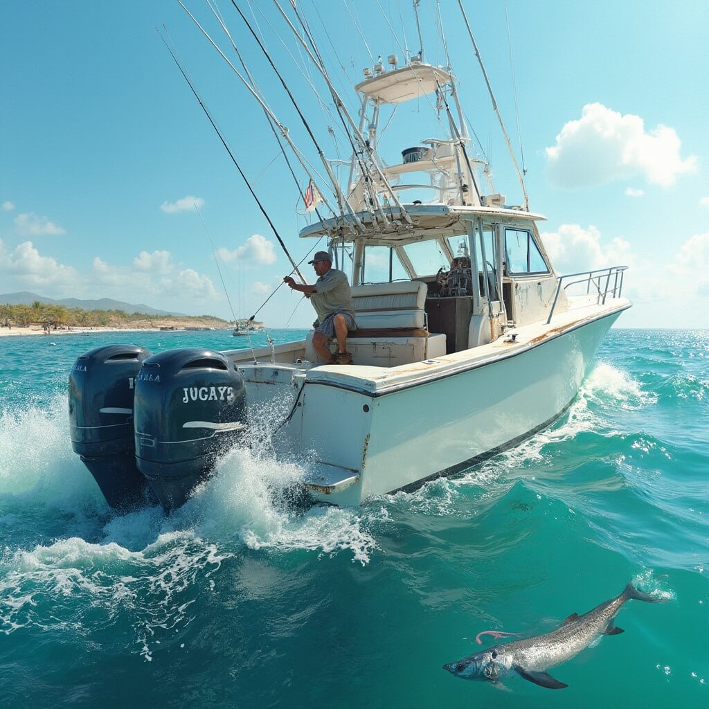 Professional fisherman catching a large grouper in morning light on a local charter boat amidst clear Gulf waters, with coastal landscape in the distance and detailed fishing equipment on board