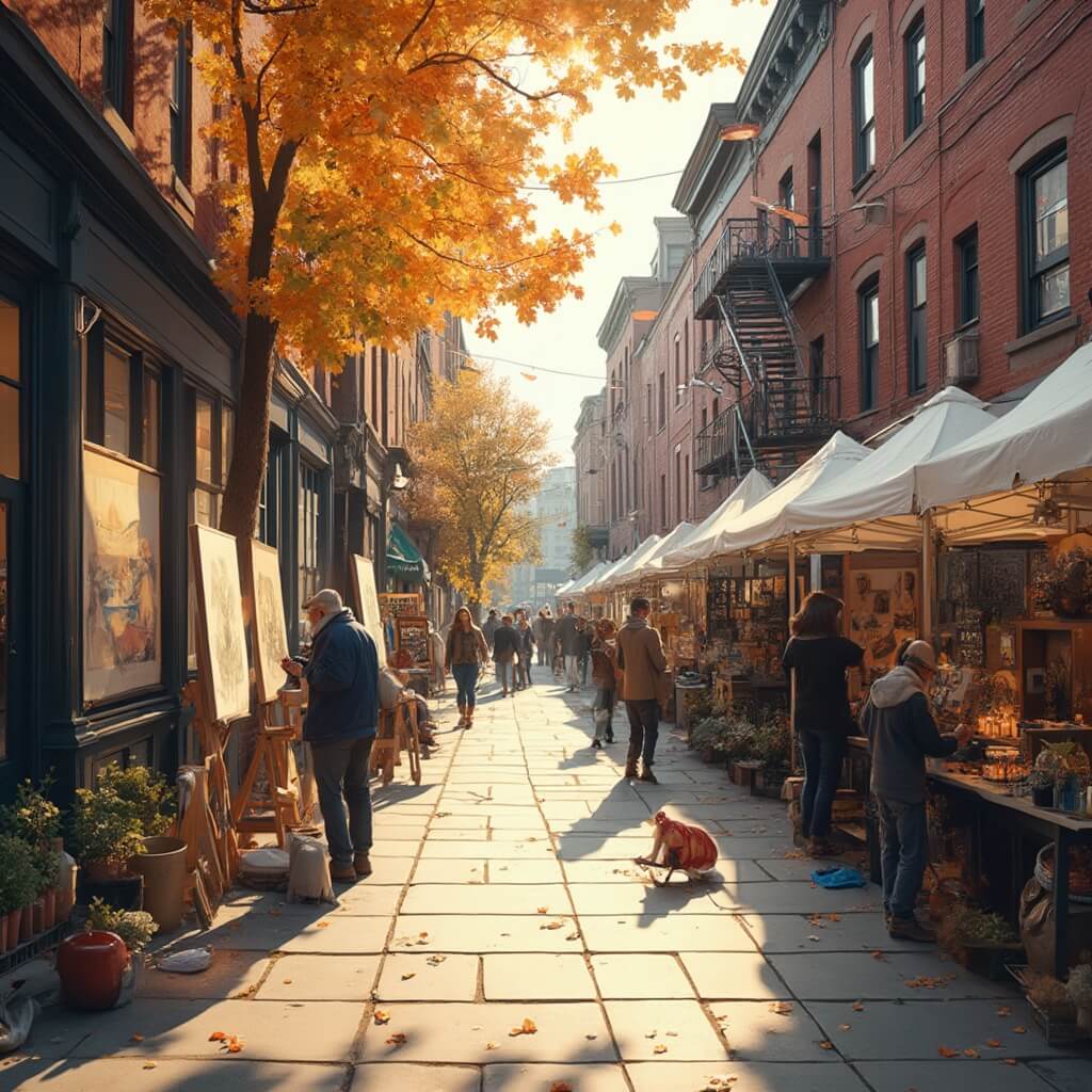 Local artists displaying their artwork at the Halifax Art Festival on a vibrant street lined with historic brick buildings in warm October sunlight, rich with autumnal amber and golden tones