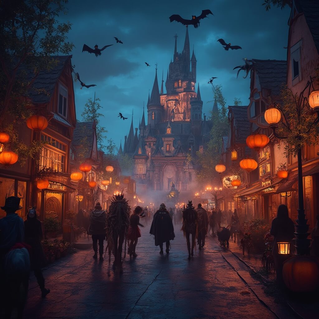 Halloween theme park at night with spooky decorations, dramatic lighting, costumed visitors, pumpkins and themed props creating a festive, mysterious atmosphere in Universal Studios style set design.