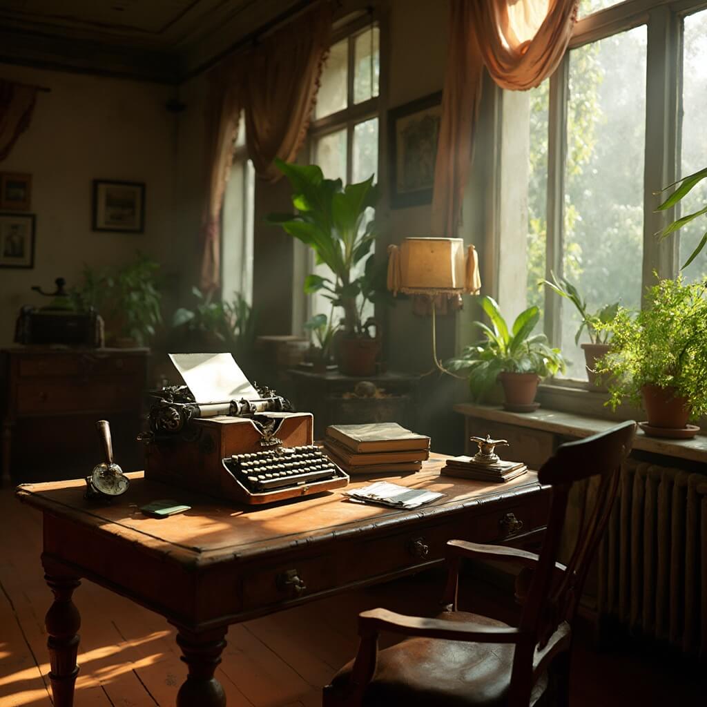 Interior view of Ernest Hemingway Home with vintage typewriter on desk, sunlight through windows, tropical plants outside, 1930s Cuban-style architecture and old books
