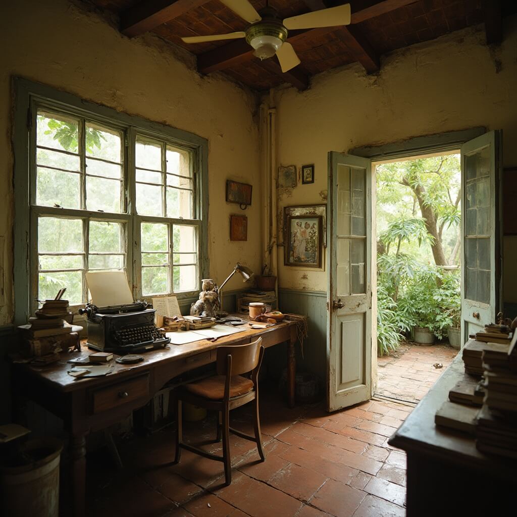 Ernest Hemingway's 1930's Cuban-inspired writing studio with vintage desk and typewriter, scattered books and writing materials, spinning ceiling fans, and view of a lush garden through a window with soft tropical light.