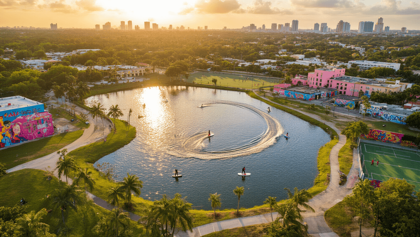 "Aerial view of Hialeah showcasing Amelia Earhart Park's sparkling lakes, colorful Cuban murals, Hialeah Park Racing & Casino's pink flamingos, sports fields, and Leah Arts District, bathed in warm golden-hour lighting."