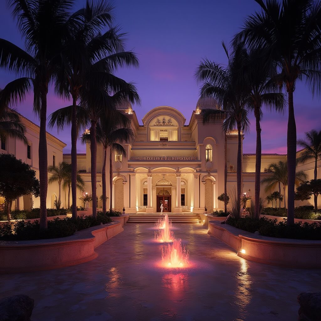 Hialeah Park Casino at twilight featuring Mediterranean Revival architecture, silhouetted palm trees, light-reflecting fountains, and neon nightlife accents