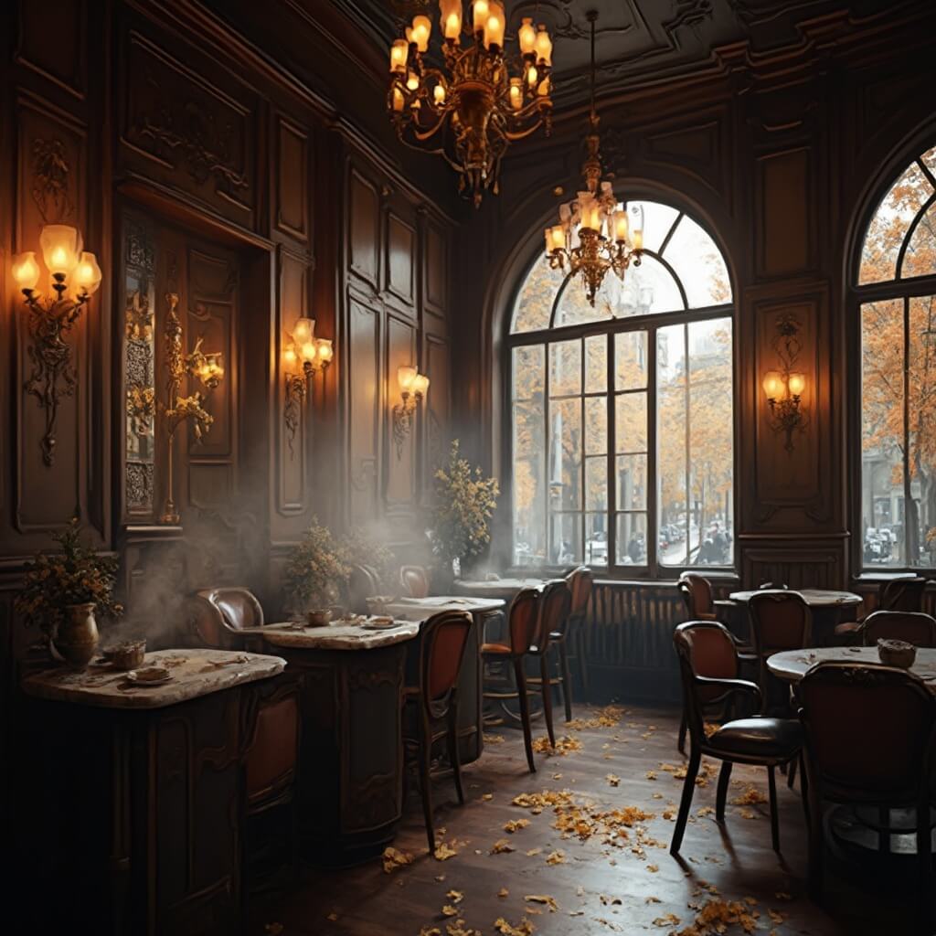 St. Petersburg in October: Your Ultimate Gloomy, Gorgeous Russian Adventure Guide Historic St. Petersburg café interior with Art Nouveau details, dark wood paneling, brass fixtures, steam rising from traditional Russian tea sets on marble tables, large arched windows showing a rainy autumn street, under amber chandelier lighting.