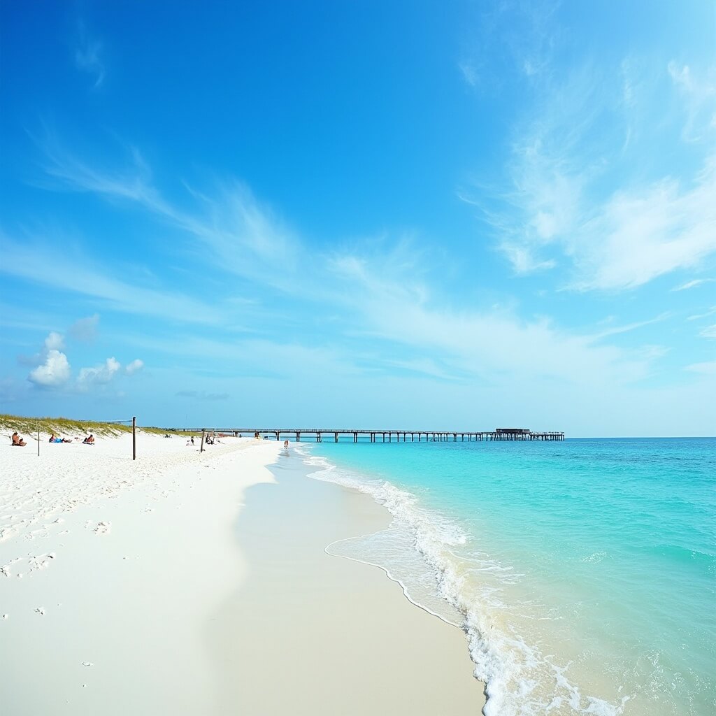 Panoramic view of Jacksonville Beach with turquoise waters, white sandy shoreline, wooden boardwalk, gentle waves, blue sky with clouds, and beach activities in the background