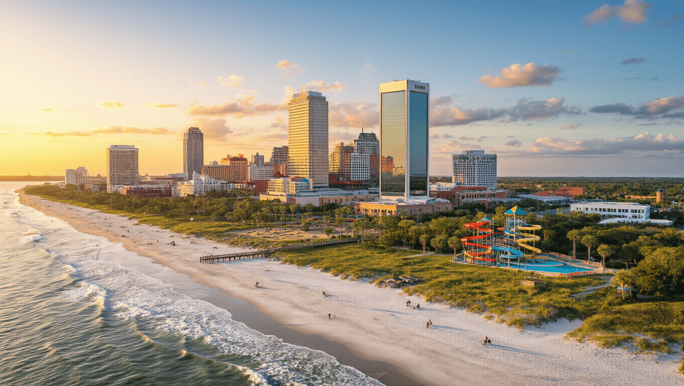 "Aerial panorama of Jacksonville skyline at sunset, featuring Jacksonville Zoo, Jacksonville Beach, Timucuan Preserve, Adventure Landing water slides, and Fort Caroline, with palm trees dotting the landscape."
