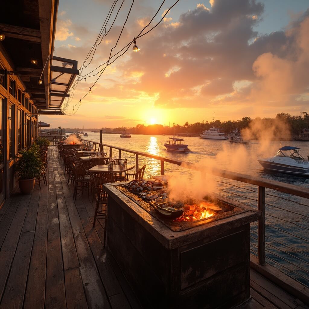 Upscale seafood restaurant's outdoor deck on Jacksonville waterfront at sunset, with fresh seafood grilling, surrounded by wooden planks, rope railings, and string lights, overlooking St. Johns River with passing boats.