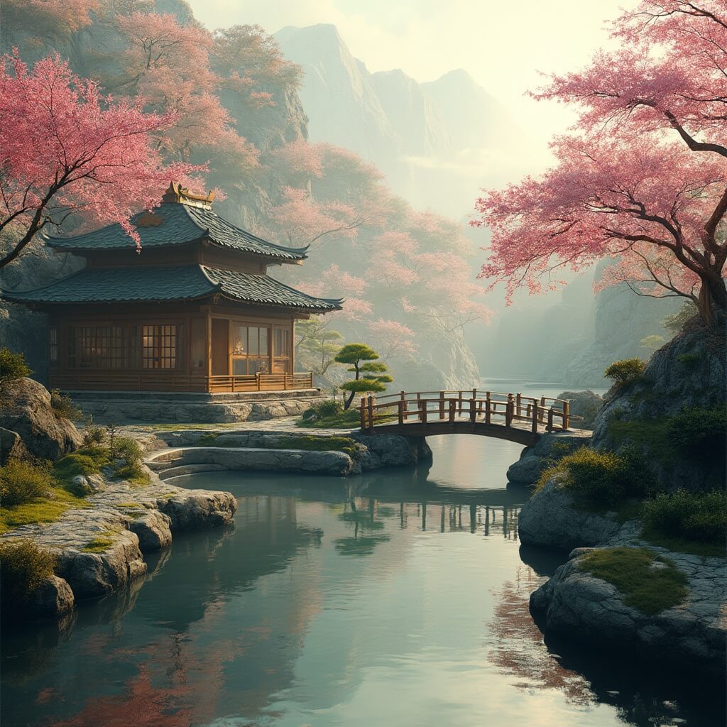 Photorealistic serene Japanese garden during golden hour featuring reflection ponds, wooden bridges, bonsai trees, stone pathways, and a traditional tea house surrounded by cherry blossoms and Japanese maples, with zen gardens in the foreground and a soft morning mist over the water.