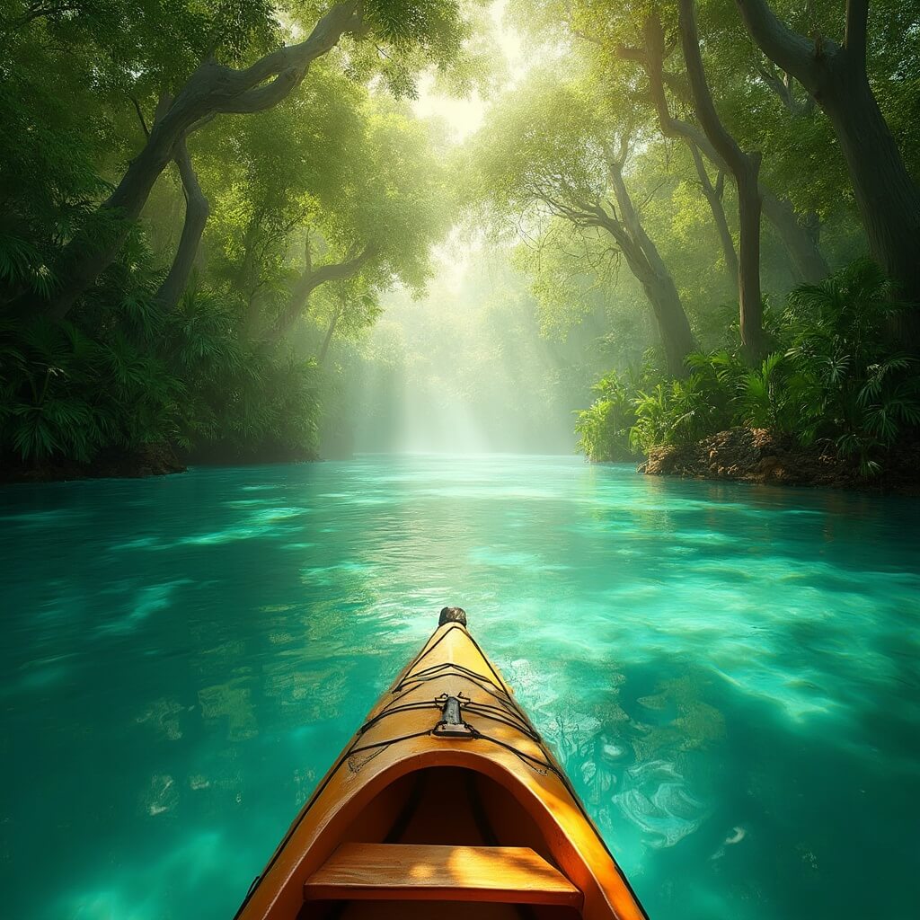 Kayaking on Santa Fe River with clear turquoise water, under a natural tunnel of green trees and filtered sunlight, surrounded by lush tropical vegetation in soft morning light