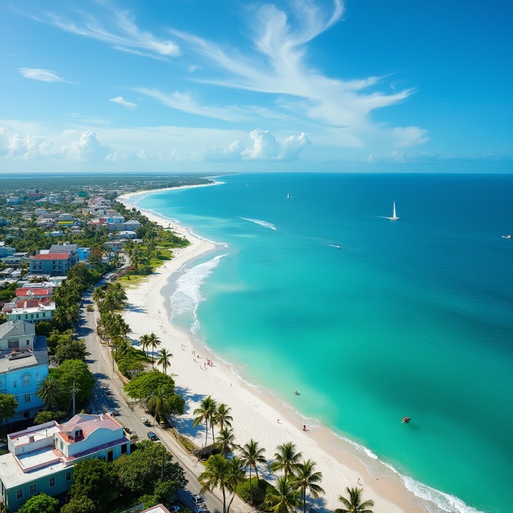 Aerial view of Key West's coastline with turquoise waters, white sandy beaches, swaying palm trees, colorful buildings, and sailboats in the distance