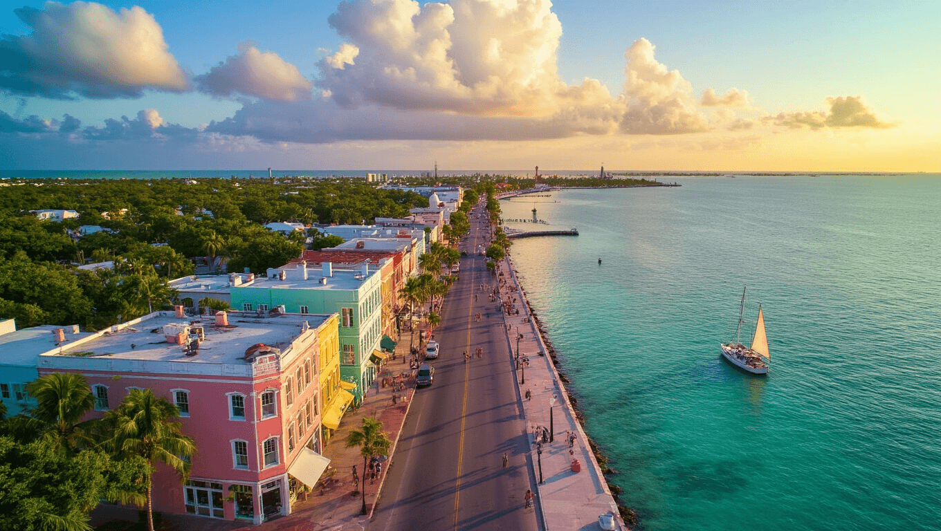 "Aerial view of Duval Street in Key West with pastel buildings, turquoise waters, and a sunset sailboat in September's low season, featuring Southernmost Point buoy and looming storm clouds in the distance."