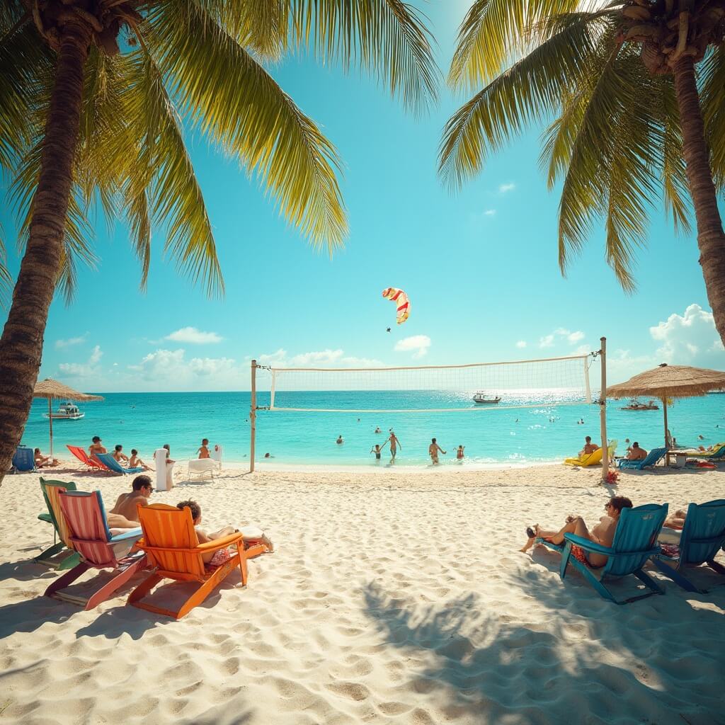 People enjoying a sunny day at a lively Key West beach with white sand, turquoise water, swaying palm trees, and distant parasailer illuminated by golden sunlight.