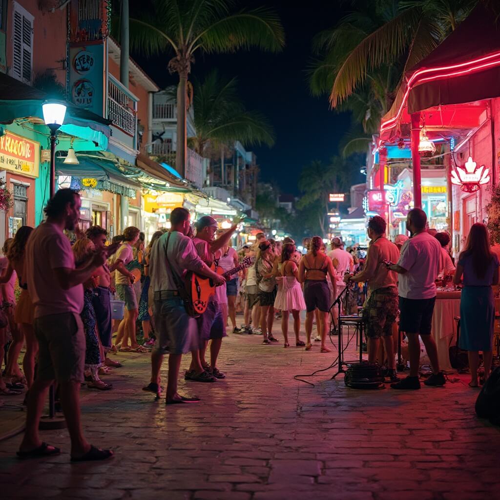 Live blues performers entertaining a bustling crowd in colorful, palm-lined Key West street at night