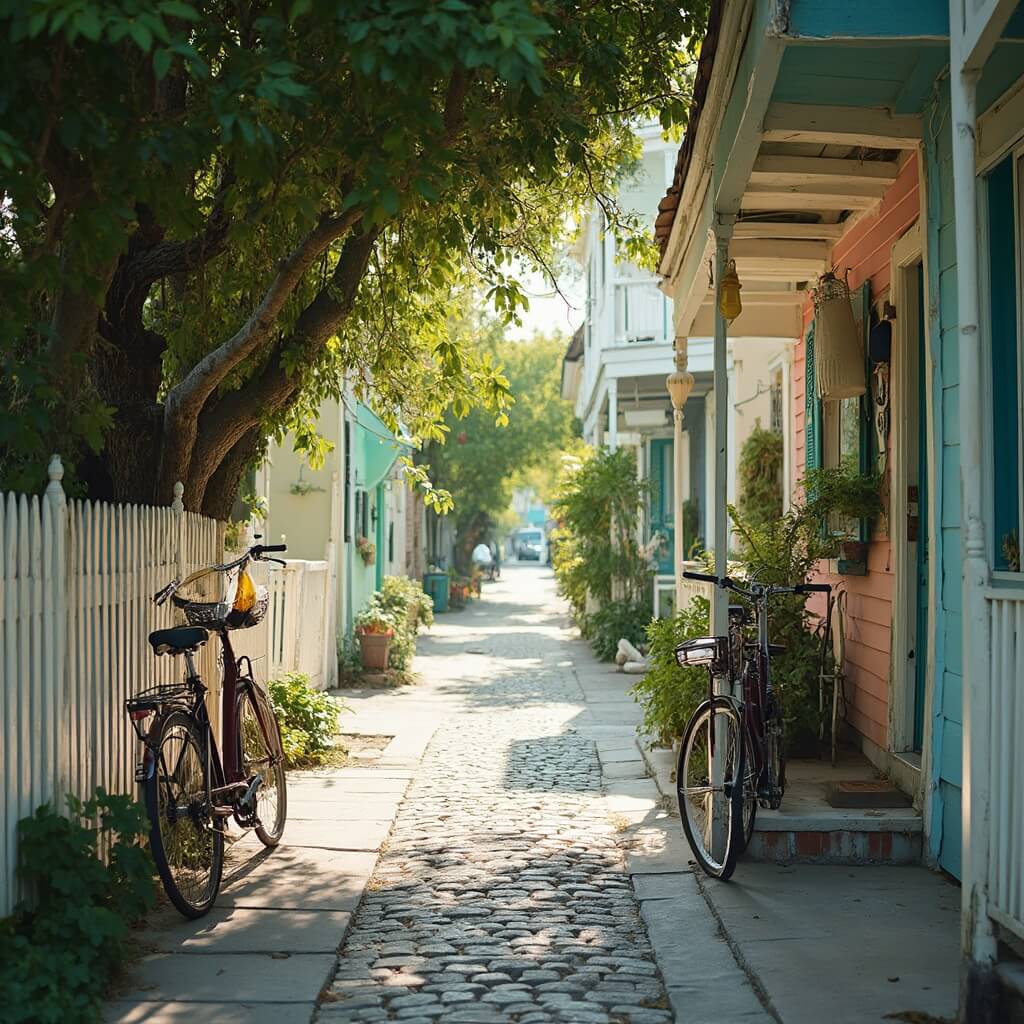 Deserted cobblestone street in Key West with pastel-colored conch houses, lush tropical greenery, and vintage bicycles against wooden porches in soft light