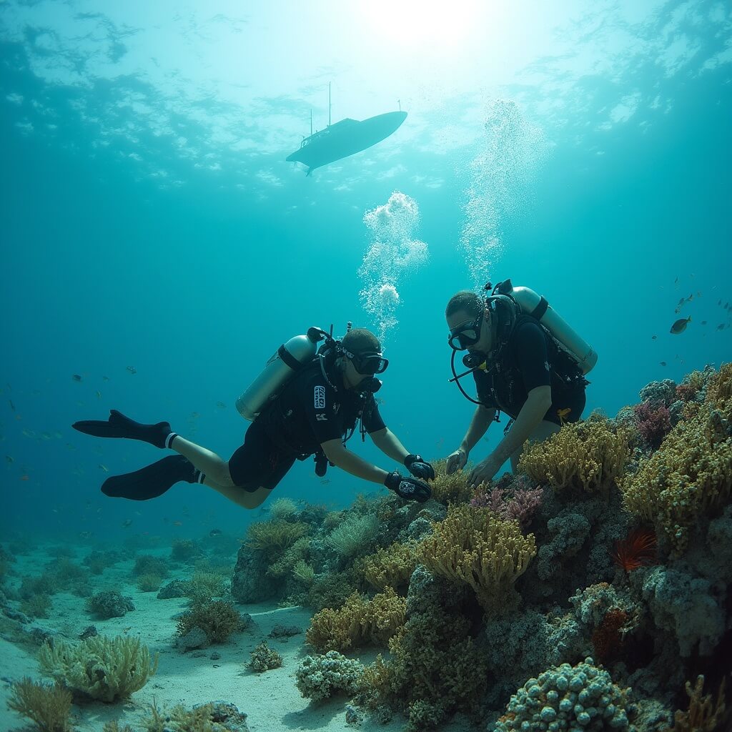 Key West in June: Your Ultimate Tropical Paradise Guide Scuba divers planting coral fragments on a damaged reef in Key West, with tropical fish and a boat silhouette in the background
