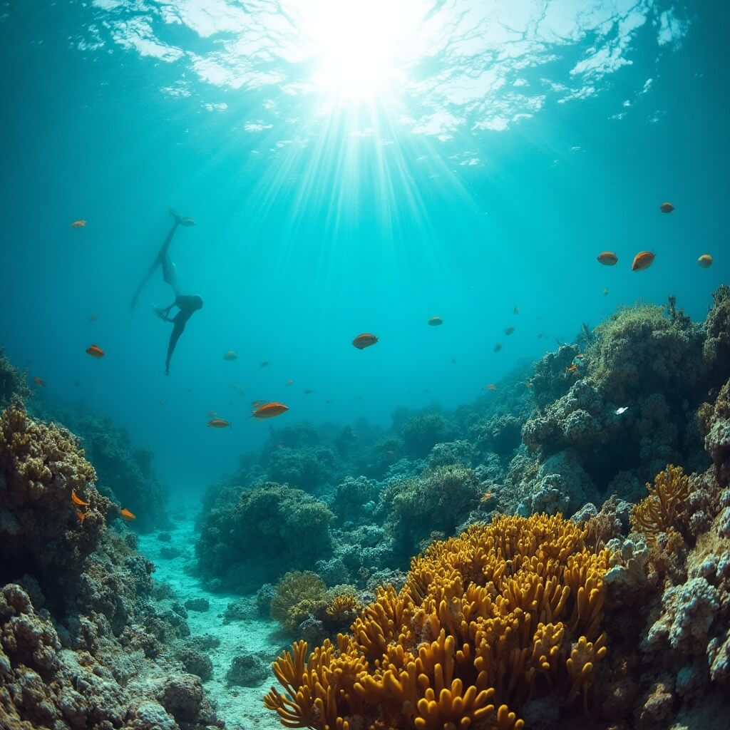 Snorkeler exploring vibrant underwater coral reef ecosystem with fish and sea turtles in clear turquoise water off Key West