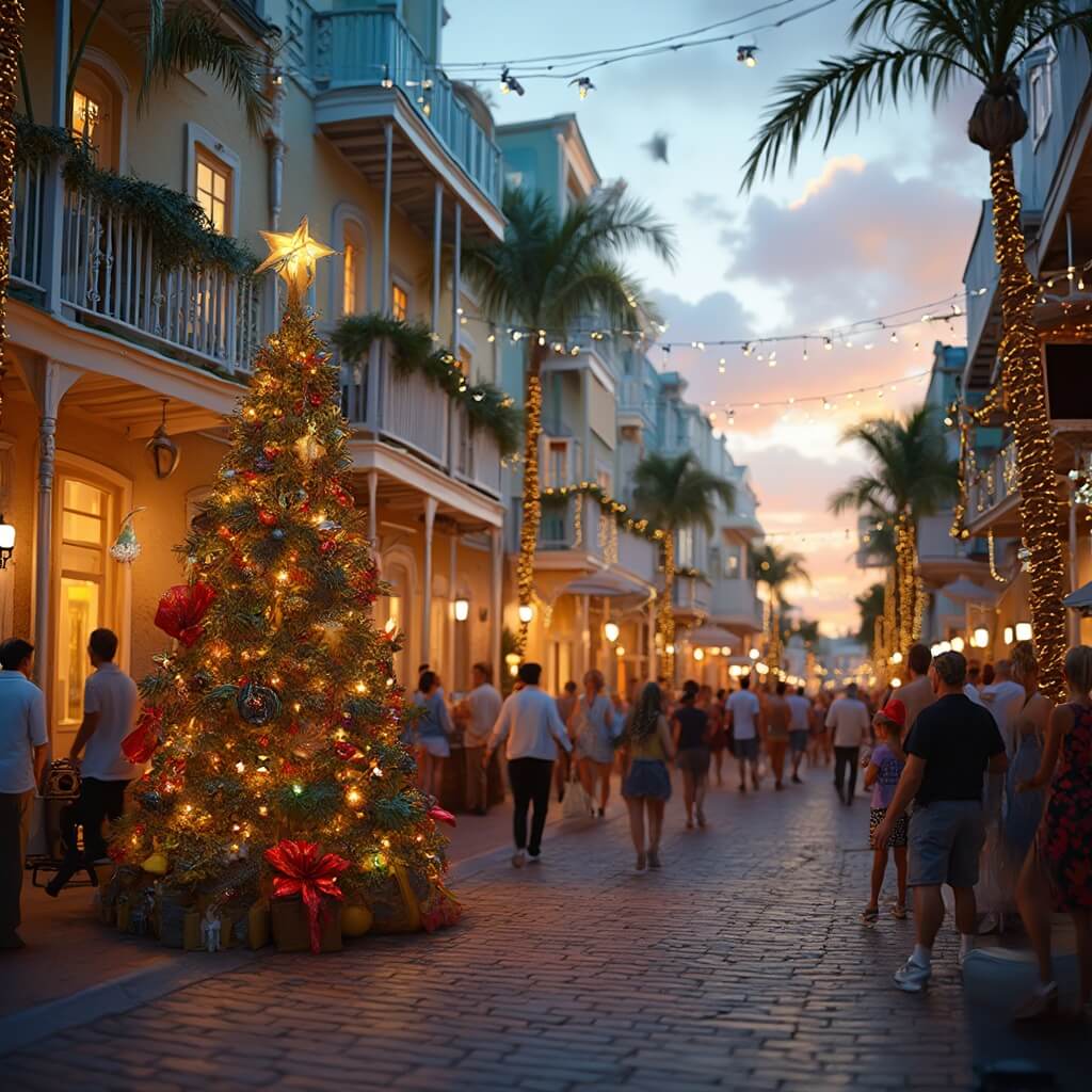 Festive evening on Duval Street in Key West with historic pastel buildings adorned with holiday lights, a buoy and crab pot Christmas tree, street performers, and people leisurely strolling under a sunset sky in December.