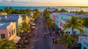 "Aerial drone view of Duval Street in Key West during golden hour in November, depicting pastel-colored conch houses, sidewalk cafes, street musicians, and turquoise Gulf waters, conveying a peaceful autumn atmosphere."