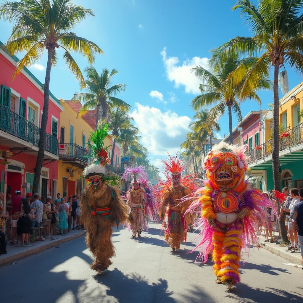 Vibrant Key West street during Fantasy Fest with colorful tropical buildings, people in elaborate costumes, swaying palm trees and clear blue sky
