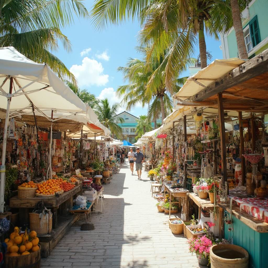 Vibrant farmers market in Key West showcasing local artwork, handcrafted jewelry and fresh produce under white canopies, with historic conch-style architecture and palm trees in the background