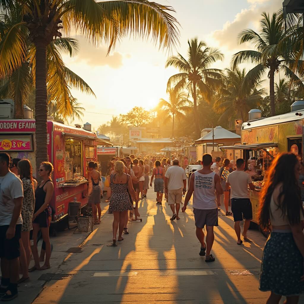 Key West in June: Your Ultimate Tropical Paradise Guide Colorful food trucks arrayed in a vibrant outdoor festival in Key West, with people enjoying authentic local street foods, live music playing, surrounded by lush palm trees under a warm golden sunset.