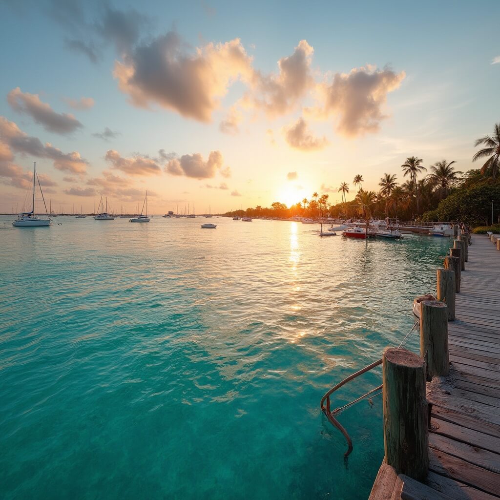 Panoramic sunset over Key West harbor with sailboats, silhouetted palm trees, orange and pink sky, turquoise waters, and wooden pier