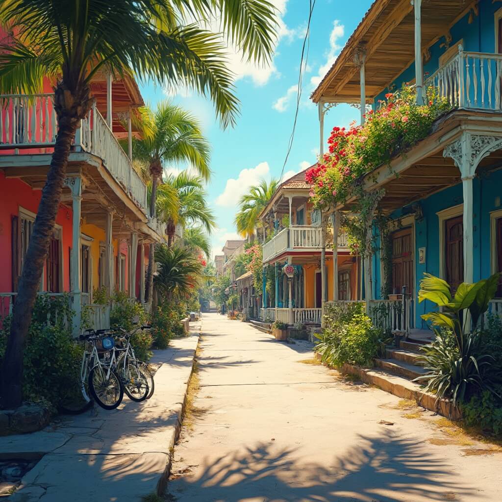 Sunlit street in Key West, Florida with colorful historic buildings, wooden porches, tropical vegetation, parked vintage bicycles, with detailed architectural details under a clear blue sky, devoid of people