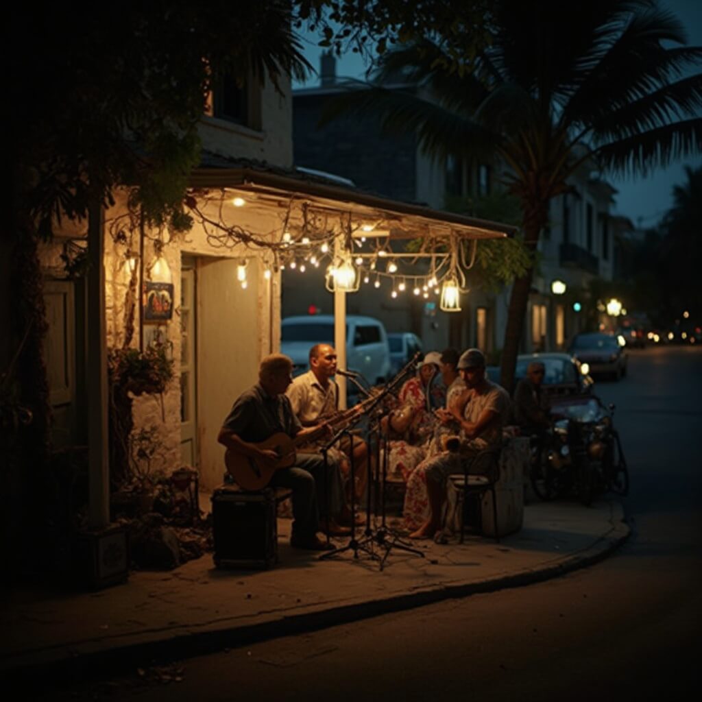 Local musicians playing jazz at an intimate outdoor night performance in a small street corner venue in Key West, surrounded by vintage Caribbean architecture under warm ambient lighting, depicting a soft tropical evening atmosphere.